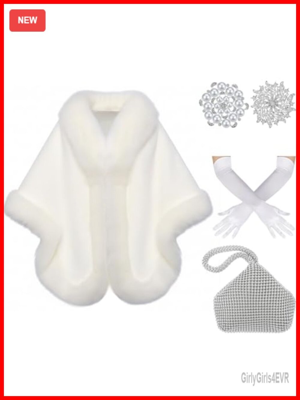 Faux Fur Shawl Wrap Set Evening Bag Gloves Brooches 1920s Costume Accessories